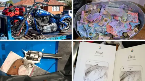 Australian Federal Police Composite photo shows items seized in the messaging app sting, including cash and a motorbike