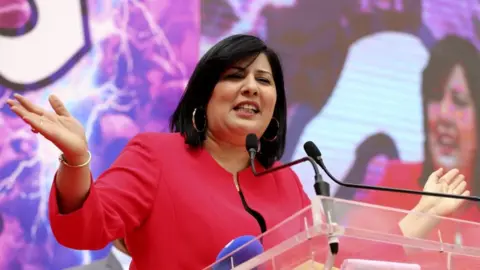 AFP Abir Moussi gives a speech in Tunisia in March 2021.