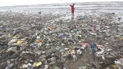 Getty Images Plastic on a beach in India
