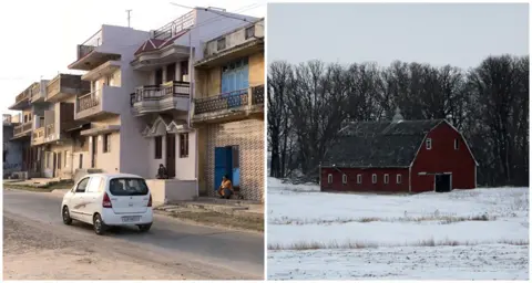 BBC The Patels were found near Emerson, Manitoba (right), thousands of miles away from home in Dingucha (left)