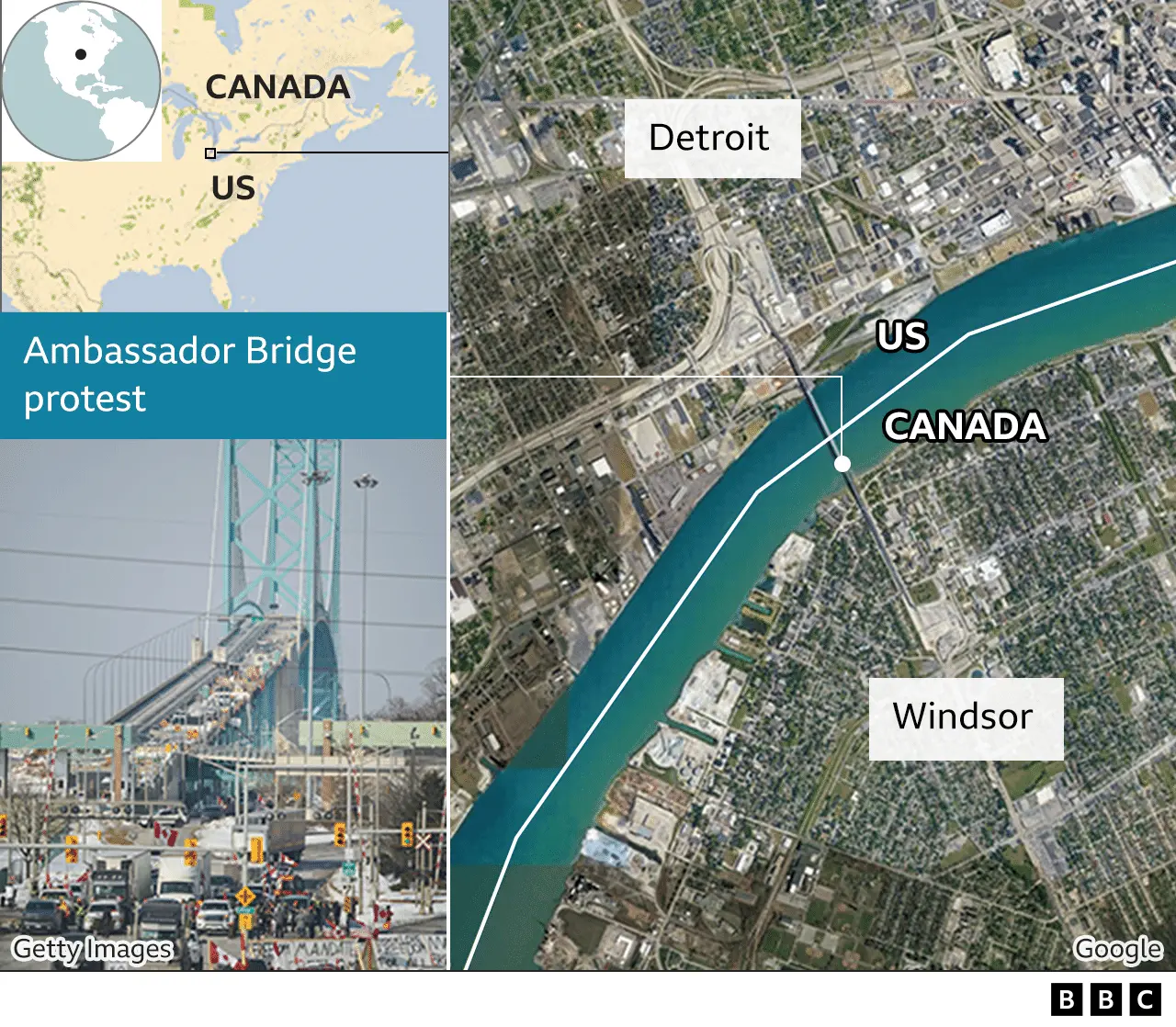 Map showing the Ambassador Bridge