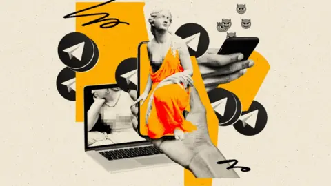 Klawe Rzeczy  Collage of classical nudes alongside Telegram logos over an orange background. Devil emojis coming out of phone.