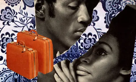 Somsara Rielly Collage of a retro black and white photo of a couple, a split between them. Two orange suitcases next to them.