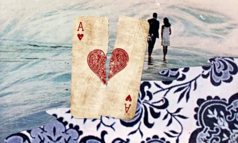 Somsara Rielly A collage of a couple walking near a beach, a playing card with ace of hearts is torn behind them.