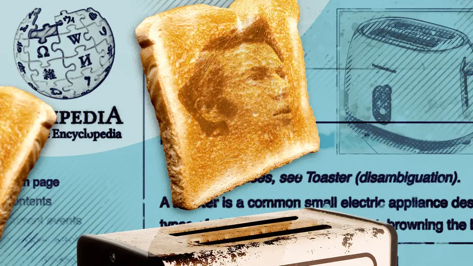 BBC Illustration showing a piece of toast with the face of supposed inventor "Alan MacMasters", against a backdrop of a Wikipedia article about the electric toaster.