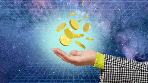 Getty Images: We Are Digital currency, aka cryptocurrency, falling into someone's hand.