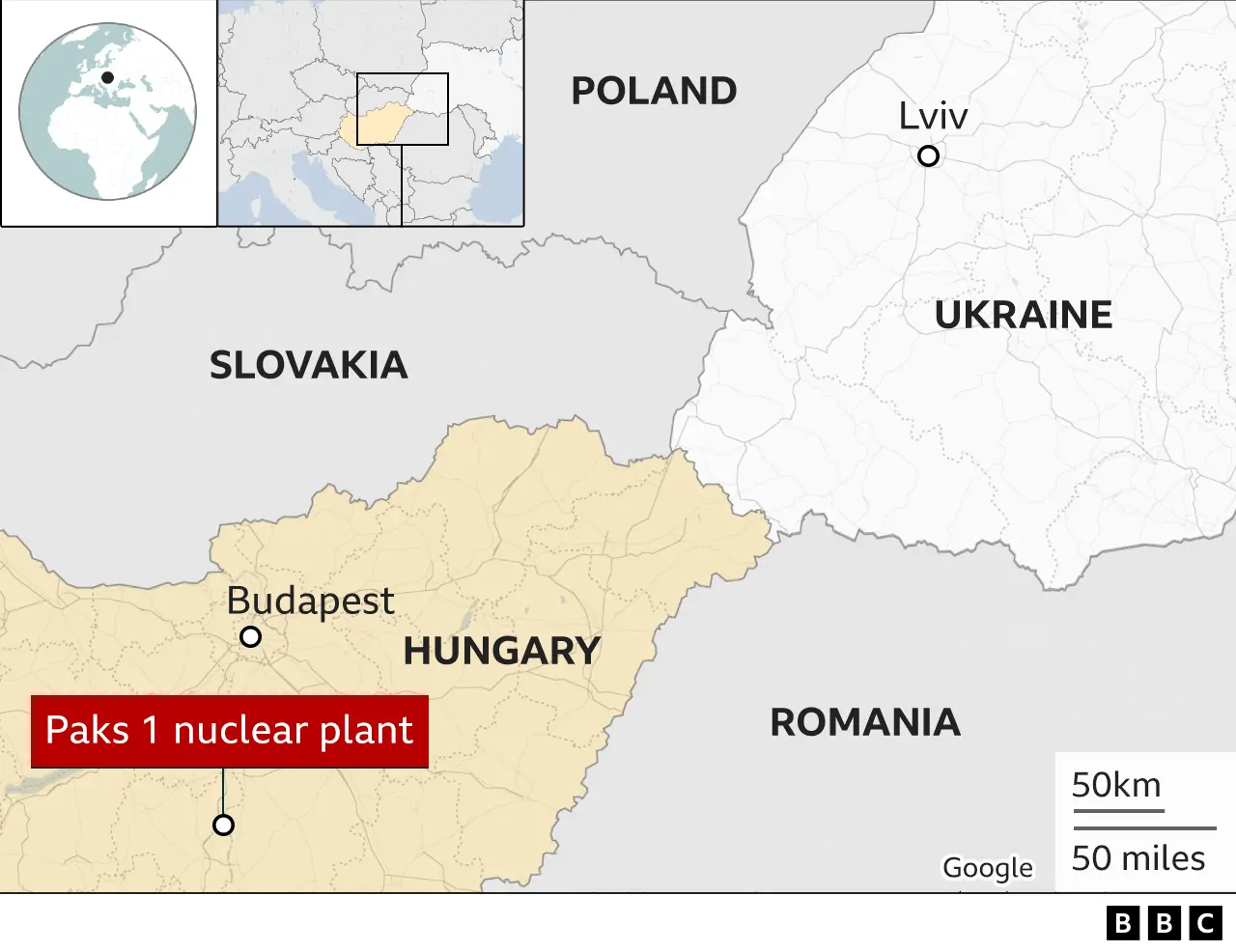 Map showing Paks 1 nuclear plant in Hungary