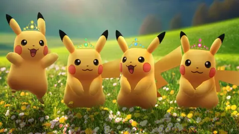 Niantic Pikachu with crowns on Pokemon Go.