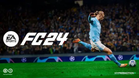 EA Erling Haaland is on the right of the frame, mid-match. He's dressed in the Manchester City home strip - sky blue shirt with white shorts and sky blue socks. He's got one foot, clad in an orange football boot, cocked back high behind him as he readies for a shot. His arms are up and out at his sides to balance him. We can see a packed-out stadium full of fans behind him. On the left of the shot there's the EA Sports logo in black inside a white circle, with the letters FC24 next to it. In the bottom left corner is a white infinity symbol - a number eight on its side - with the EA Sports logo inside the left circle and four circles representing joypad buttons inside the other. It says "dual entitlement" underneath. On the bottom right is written "Hypermotion V Technology".