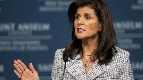 Getty Images Nikki Haley delivers an economic policy speech in New Hampshire on 22 September
