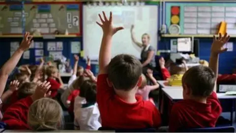 PA Children holding hands up in classroom