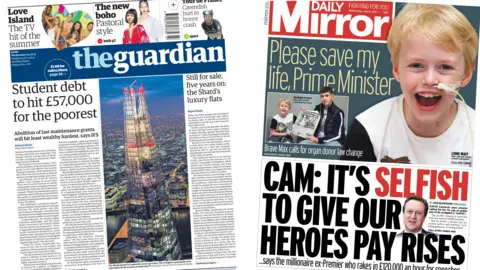 The Guardian and Daily Mirror front pages