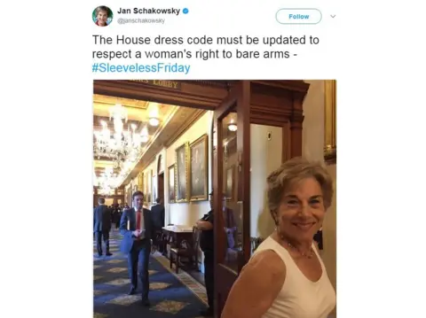 @janschakowsky / Twitter Jan Schakowsky tweeted a picture of herself in a short sleeve shirt, and the caption: "The House dress code must be updated to respect a woman's right to bare arms"