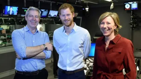 Getty Images Presenters Justin Webb and Sarah Montague pose with Prince Harry as he guest edited BBC Radio 4"s Today programme