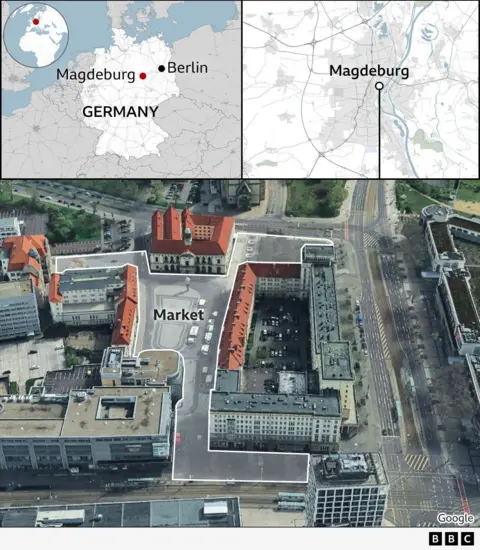 Three maps show the location of Magdeburg, east of Germany, where the markets are in the city centre and a highlight of a street-view showing the lane where the markets were set up