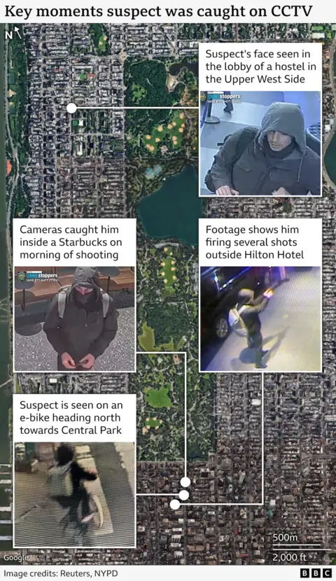 A chart showing key moments when the suspect was caught on CCTV, in the lobby of a hostel, inside a Starbucks cofee shop on the morning of the shooting, firing several shots outside Hilton Hotel and on an e-bike heading north towards Central Park