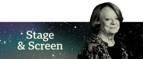 A banner saying "Stage & Screen" in white writing against a black and green background with effect of a sky with many white stars. To the right is the late actress Maggie Smith