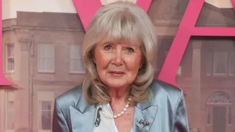 PA Dame Jilly Cooper smiles as she wears a silk, pale blue blazer, at a Rivals red carpet event. She is also wearing a pearl necklace and a silver pin of someone riding a horse.