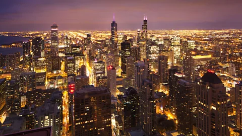 Chicago cityscape at night, as seen by Batman in The Dark Knight. (Dan Welldon)