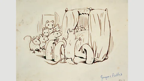 Penguin Potter’s commentary on capitalism peaks in The Tale of Ginger and Pickles, which features a mouse hiding in bed after swindling customers (Credit: Penguin)