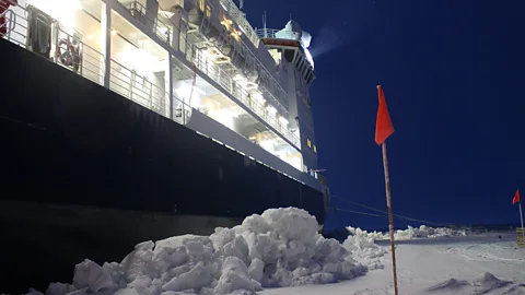 Martha Henriques Blocks of ice build up at the side of Polarstern, a result of the ship crushing against the floe as it settles in (Credit: Martha Henriques)