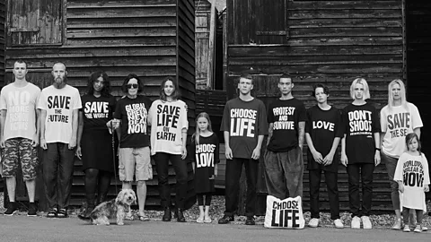 Katharine Hamnett The slogan T-shirt is effective, says the designer, because “there’s no filter which stops it”. (Credit: Katharine Hamnett)