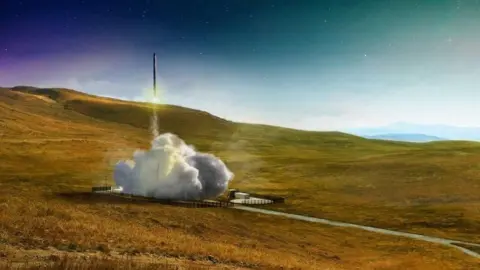 Orbex An artist's impression of a rocket launching from Sutherland Spaceport. There is a plume of smoke below the rocket as it takes off.