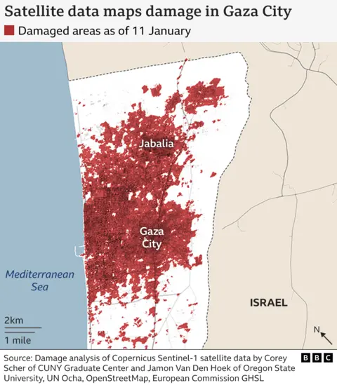 BBC graphic of a showing the extent of the damage in Gaza as of 11 January, captured by satellite data.