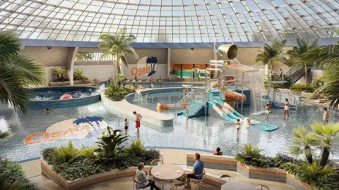Seven Capital An artist's impression drawing of what the Oasis centre refurbishment will look like. It is a large clear dome with a pool beneath and lots of plants and palm trees dotted around. There are various sections and levels to the pool, as well as waterfalls, fountains, splash pools and slides.