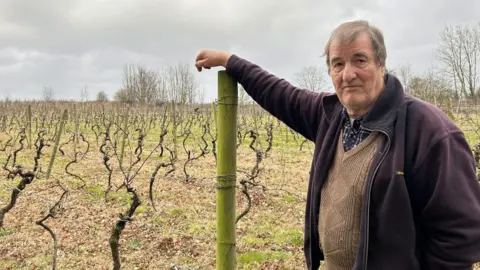 BBC Winemaker George in his vineyard in Leeds, leaning against a wooden post and wearing a blue fleece, brown knitted jumper and blue and red checked shirt. He has brown hair and is 78 years old.