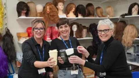 York College Nikki King, Emma Dobson and Sharon Barrington celebrating Nadia's win at York College