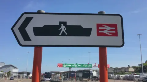 BBC Sign for ferry and rail passengers at Holyhead Port