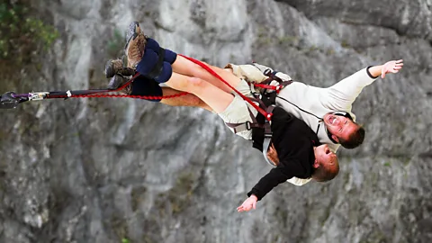 Audrey and Daniel take a leap of faith - here on a tandem bungee jump in New Zealand, on Valentine's Day. (AJ Hackett/Bungy New Zealand)