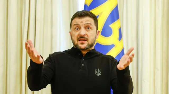 Ukraine's President Volodymyr Zelenskiy speaks during a press conference