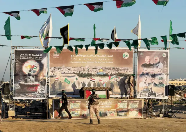 A stage is being set up by the Al-Qassam Brigades, the armed wing of Hamas, ahead of handing over Israeli hostages in Khan Younis