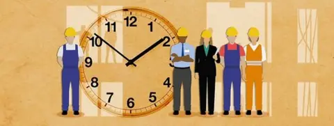 Graphic of workers and a big clock