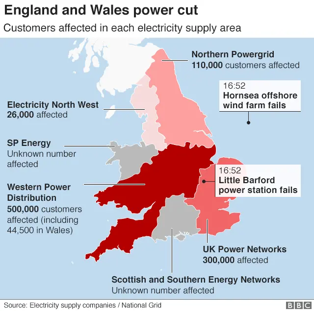 Map showing customers affected by the power cut