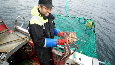 BBC Einar Julissen hauls up a basket of large crabs in the Repparfjord