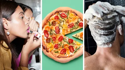 Getty Images / BBC Woman applying lipstick in one image, pizza in another and shampoo in hair in the third.