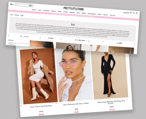 PLT A screengrab composite of PrettyLittleThing's Eid pag and some available items