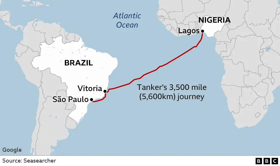 BBC Map shows the 3,500 mile route from Nigeria to Brazil