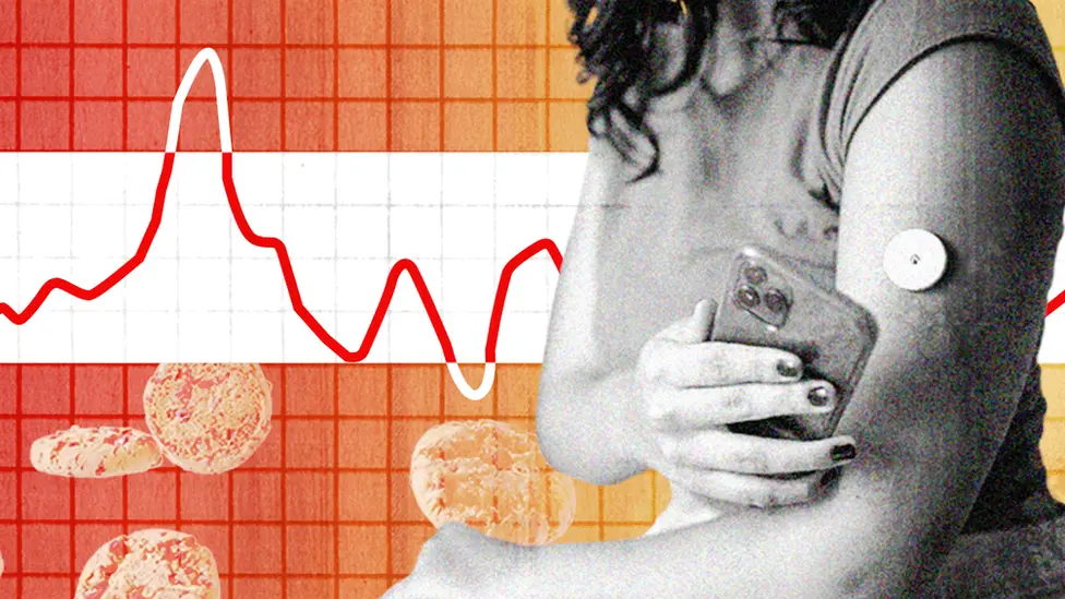 BBC Image of blood sugar graph and woman wearing glucose monitor on her arm