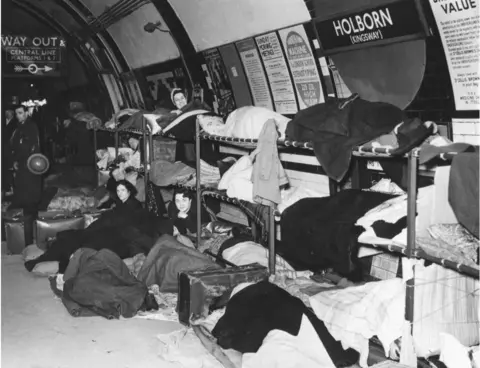Daily Herald Archive Air raid shelter, Holborn Station, World War Two, 30 January 1940. 'The London Passenger Transport Board has now fitted the tube station platforms with comfortable bunks enabling thousands of Londoners who use the tubes as shelters to obtain a good night's sleep in the deep security of the underground'. Photograph taken at Holborn, Kingsway in London. (Photo by Daily Herald Archive/National Science & Media Museum/SSPL via Getty Images)