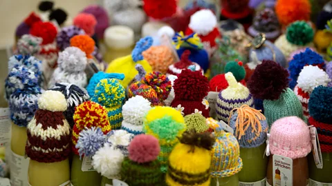 Knitted caps on fruit smoothies at the 2013 meeting in Davos. (Johannes Eisele/AFP/Getty)