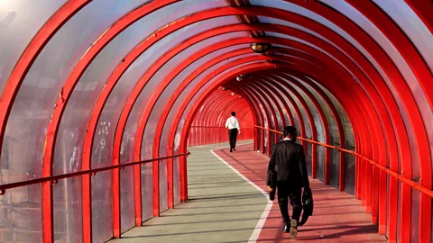 Alamy A colourful sky walkway leads to the Scottish Exhibition and Conference Centre. (Credit: Alamy)