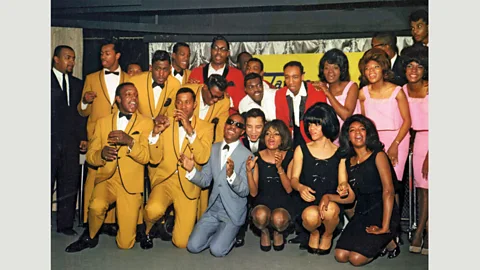 Paul Nixon, from Motown: The Sound of Young America, Thames & Hudson The Temptations, The Miracles, Stevie Wonder, Martha and the Vandellas and The Supremes at EMI Records in March 1965, for the UK launch of the Tamla Motown label