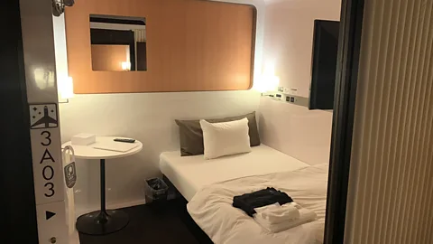 Bryan Lufkin Inside First Cabin's "cabins": rooms built to look like an airline's luxury first-class booth (Credit: Bryan Lufkin)