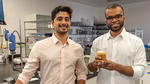 BBC Bioengineers Ryan Pandya and Perumal Gandhi have used genetically engineered fungi to produce milk proteins found in dairy (Credit: BBC)