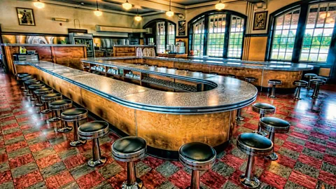 Jason Bennett While these first-class passengers enjoyed meals in the dining room, second- and third-class passengers were served at the 53-seat, M-shaped lunch counter (Credit: Jason Bennett)