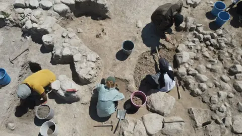 Getty Images An aerial view of archeologists working on the excavation operation area, aiming to find remains from the Iron Age, conducted by Turkish Ministry of Culture and Tourism and Usak University in the Hittite city of Nerik in Vezirkopru district of Samsun, Turkiye on August 27, 2023.